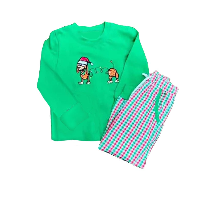 presale BLP0985 Christmas Puppy Green Long Sleeve Plaid Pants Suit  2024 9.19