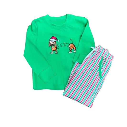 presale BLP0985 Christmas Puppy Green Long Sleeve Plaid Pants Suit  2024 9.19