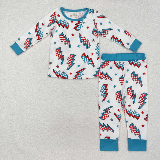 BLP0991 Christmas Star Plaid Lightning White Long Sleeve Long Pants Pajama Set