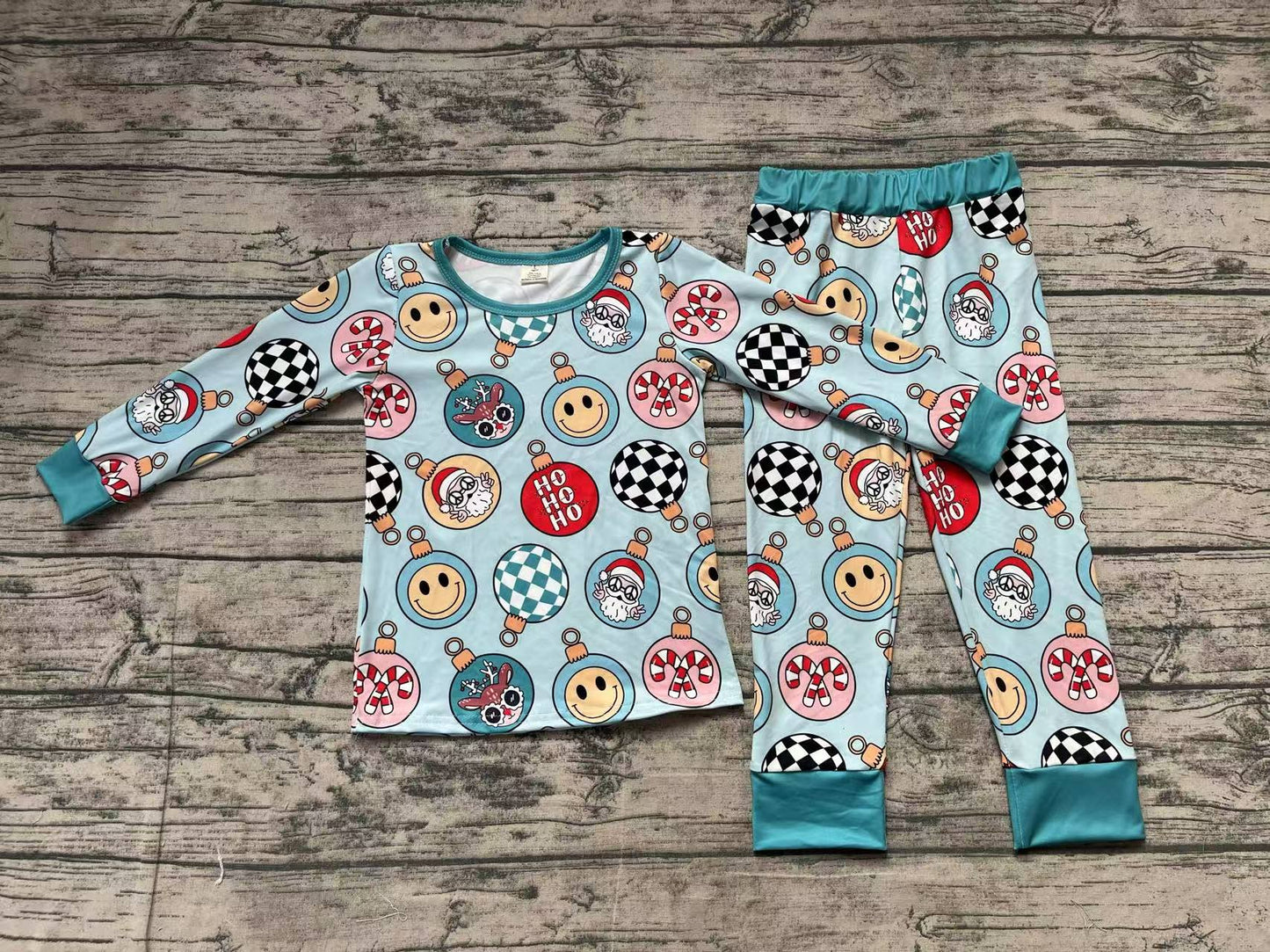 BLP0992 Bamboo Christmas light ball smiley face green long-sleeved trousers pajamas set