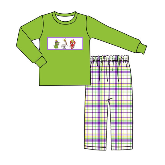 presale BLP1007 Mardi Gras Alligator Bird Lobster Green Long Sleeve Plaid Pants Suit  2024 9.25