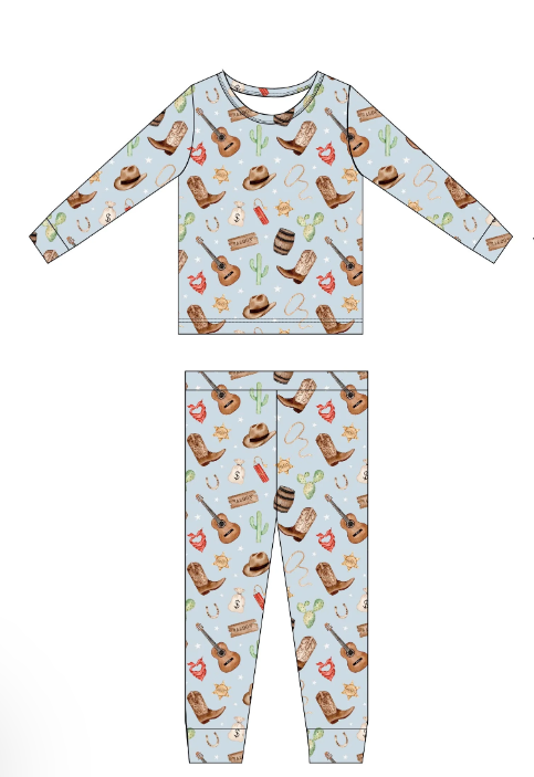presale BLP1012  Cowboy hat boots cactus guitar blue long sleeve long pants pajama set  2024 9.27