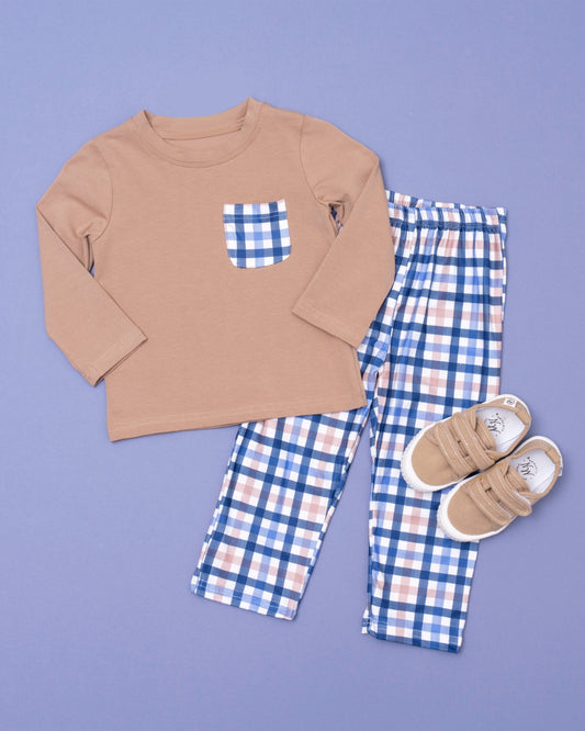 presale BLP1022 Blue Plaid Pocket Brown Long Sleeve Trousers Set  2024 10.8