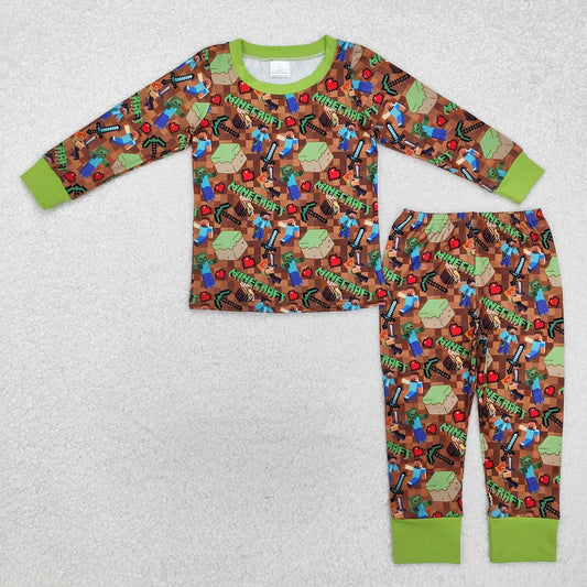 BLP1024  Game brown green long-sleeved long pants pajama set
