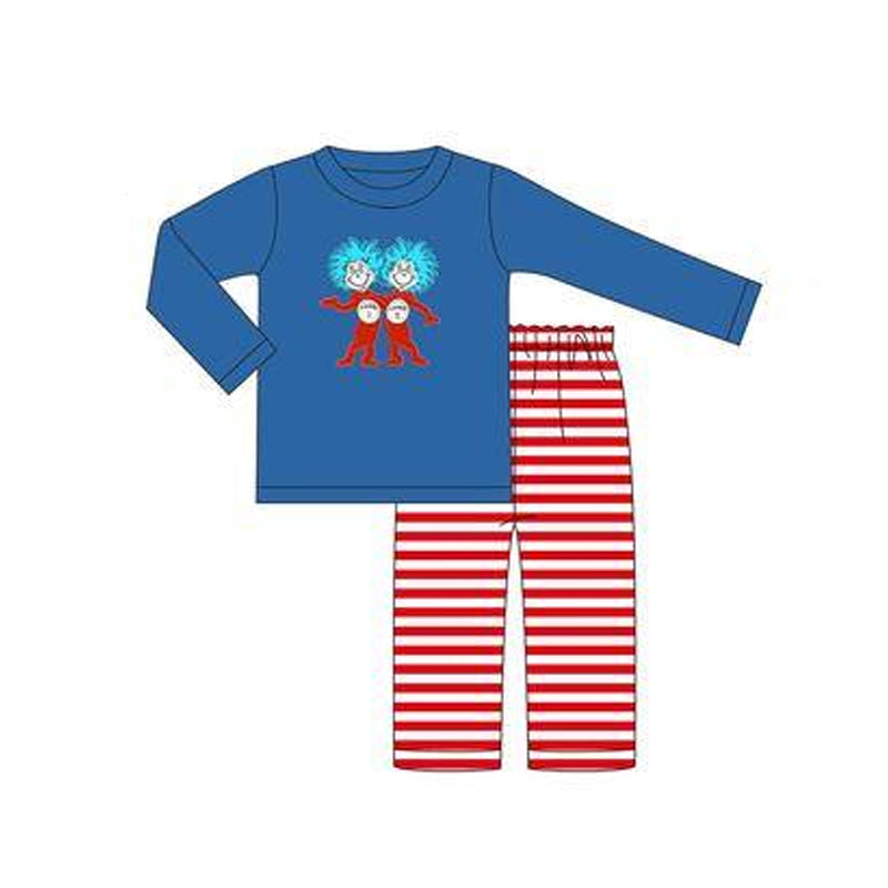 BLP1027  Blue long-sleeved red striped trouser suit