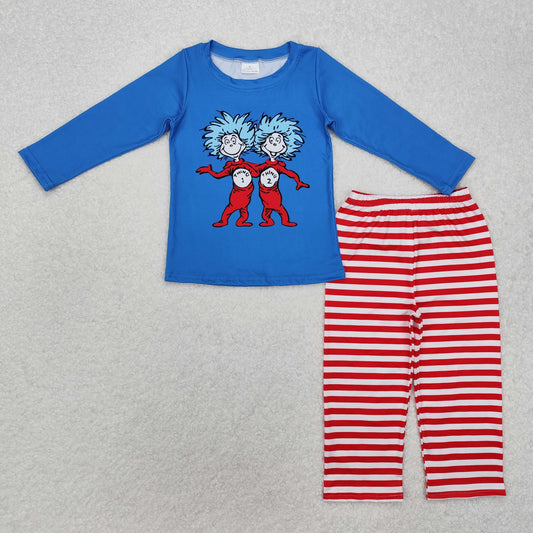 BLP1027 Blue long-sleeved red striped trouser suit