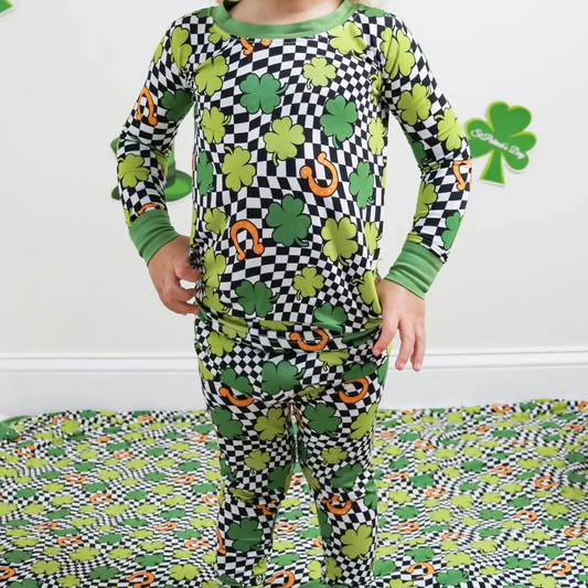 presale BLP1031 Four-leaf Clover Black and White Plaid Long Sleeve Pants Pajama Set   2024 10.10