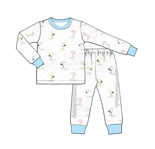 presale BLP1035 Raindrops holding umbrella kids blue and white long sleeves and long pants pajamas set 2024 10.10