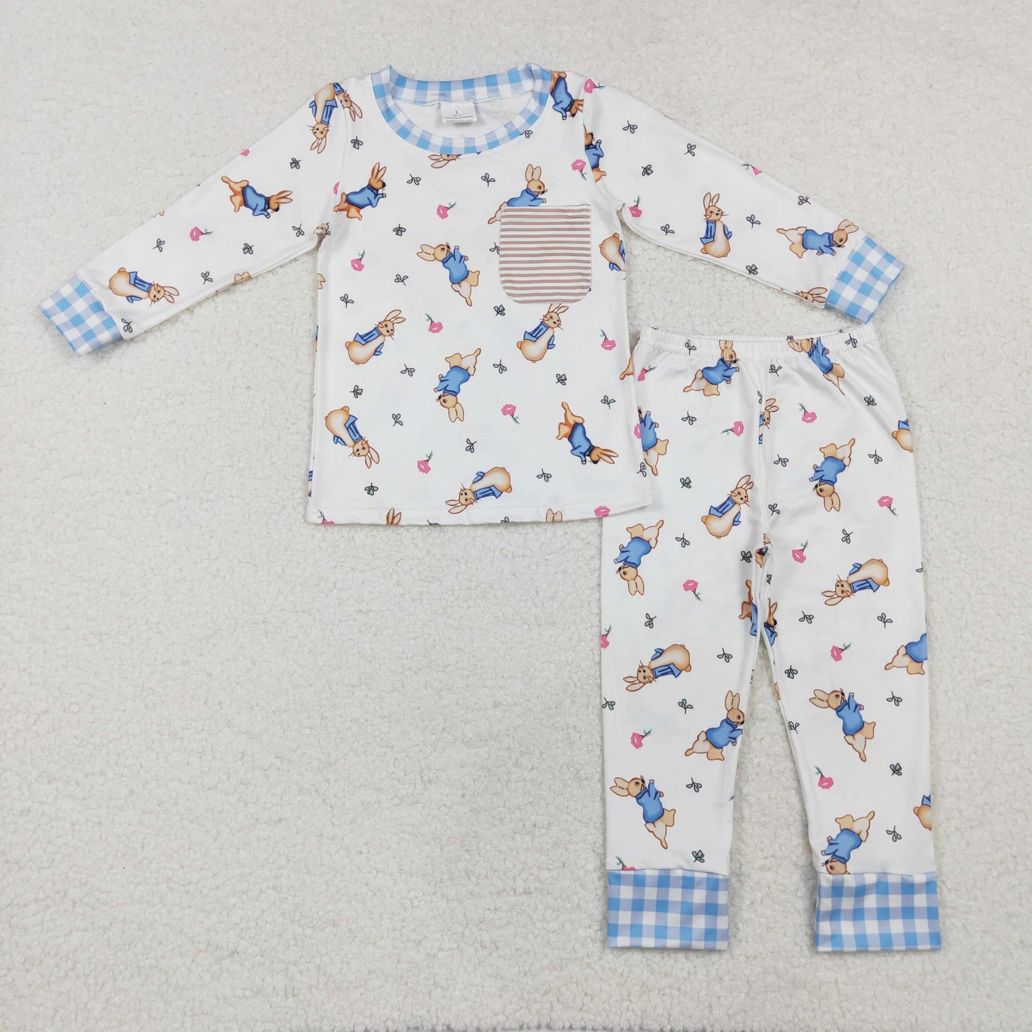 BLP1046  Easter Bunny Striped Pocket White Long Sleeve Long Pants Pajama Set