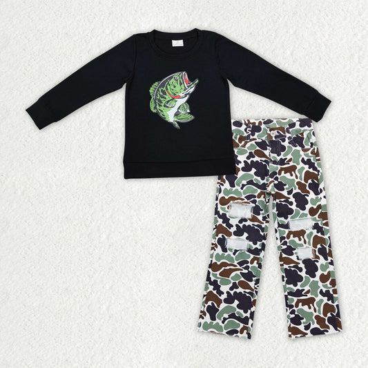 BLP1061 TODDLER BOY CLOTHES FISH SHIRT VINYL PATTERN BLACK BOY WINTER OUTFIT JEANS SET