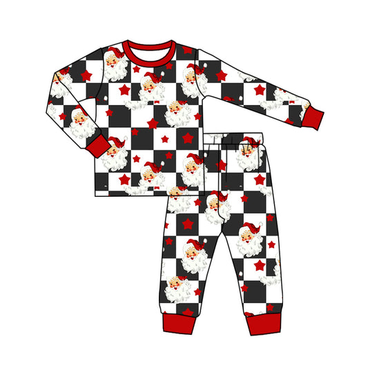 presale BLP1068 Baby Boys Long Sleeves Black Plaid Santa Stars Top Pant Pajamas Set D 5.15