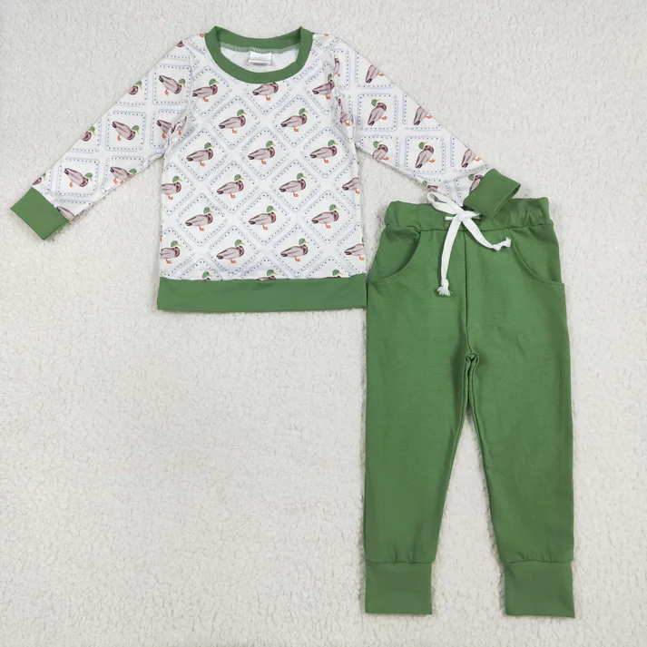 Sibling Boys Green Ducks Checked Pajamas Clothes Sets Zipper Rompers Blankets    D 926