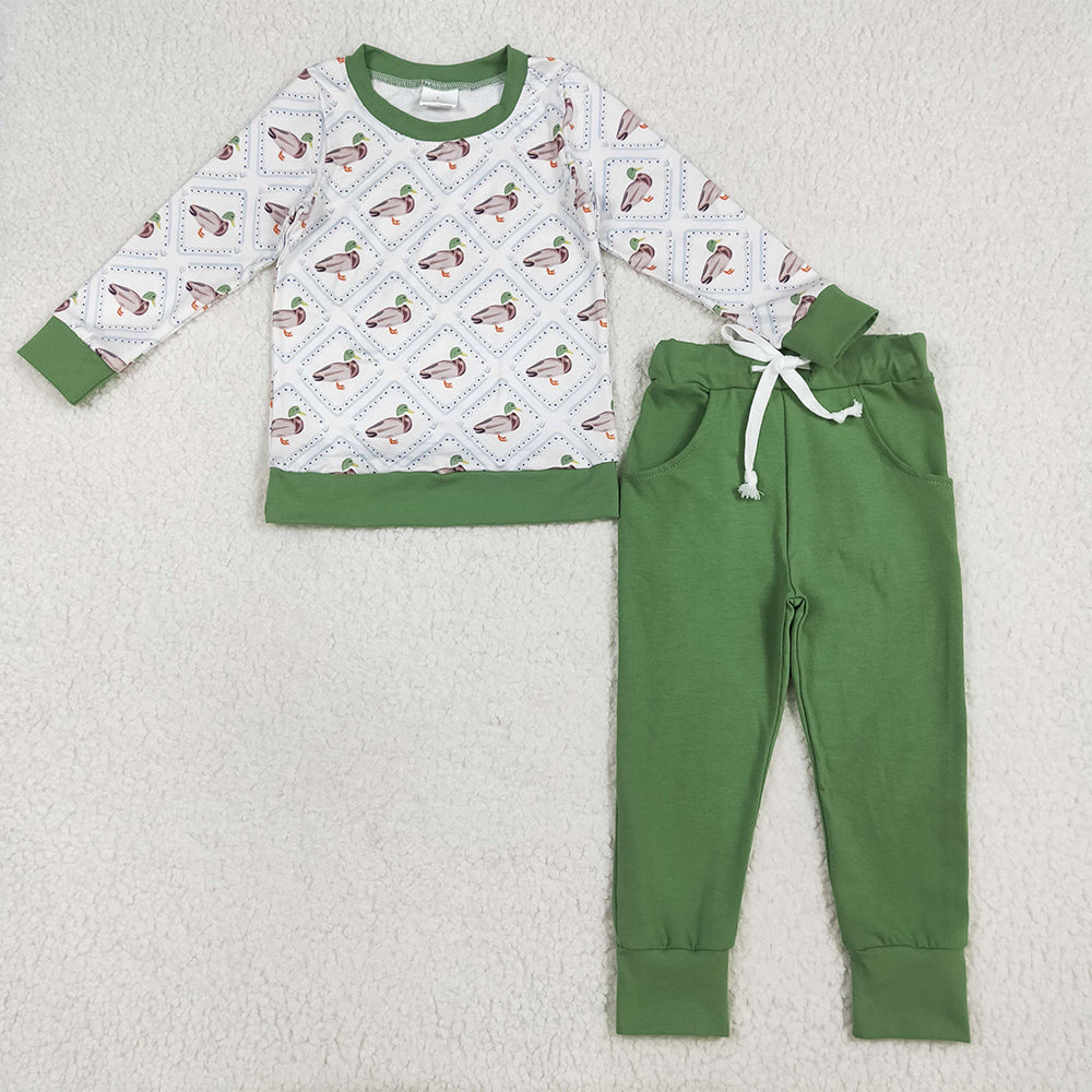 BLP1071 Baby Boys Long Sleeves Green Ducks Plaid Top Pockets Legging Pant Set  D 6.26