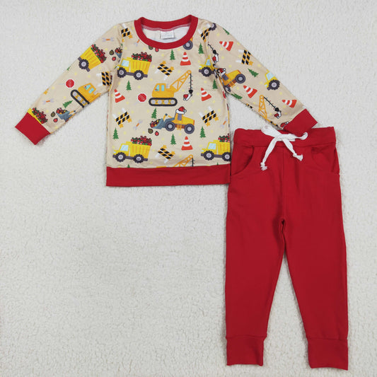 BLP1073 Baby Boys Red Long Sleeves Excavators Hats Top Pockets Legging Pant Set D 7.14