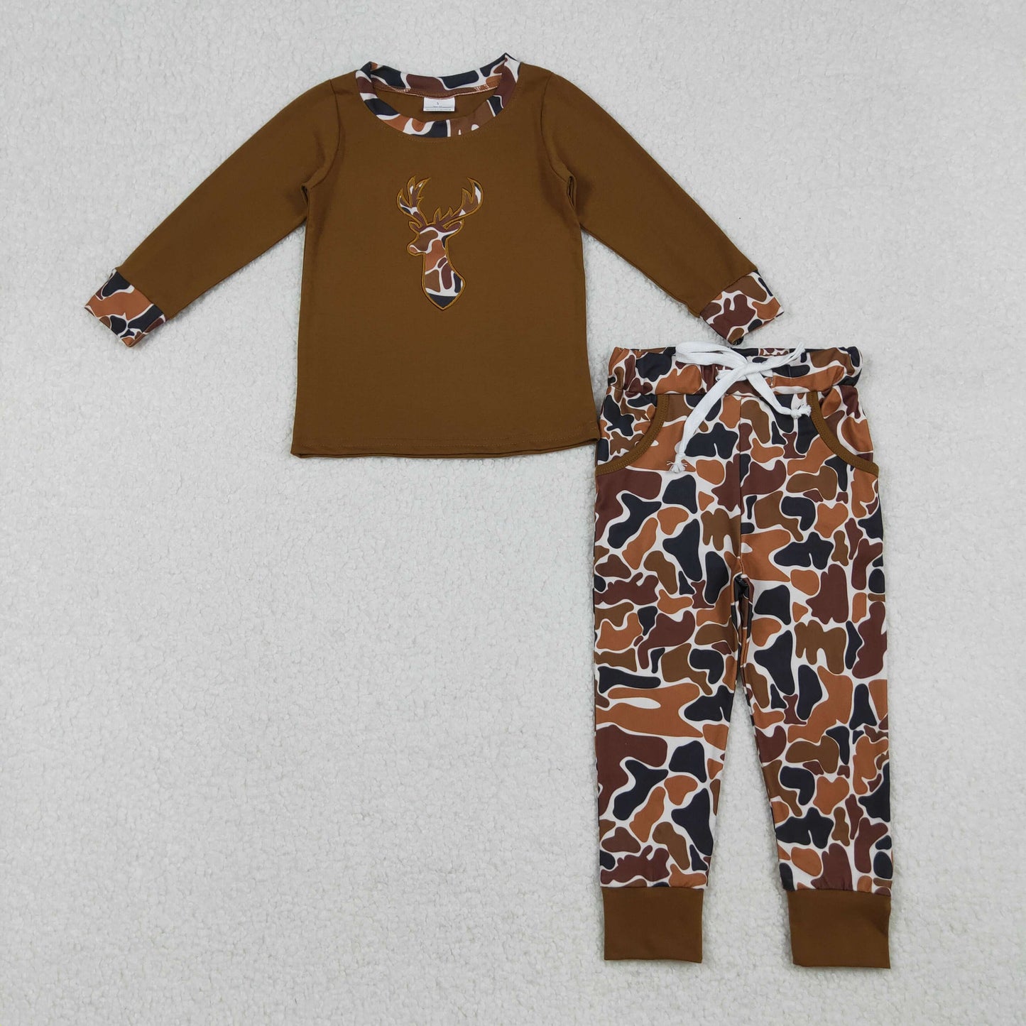 BLP1078 Embroidery Camo Deer Baby Boys Brown Top Pockets Leggings Clothes Set D 901
