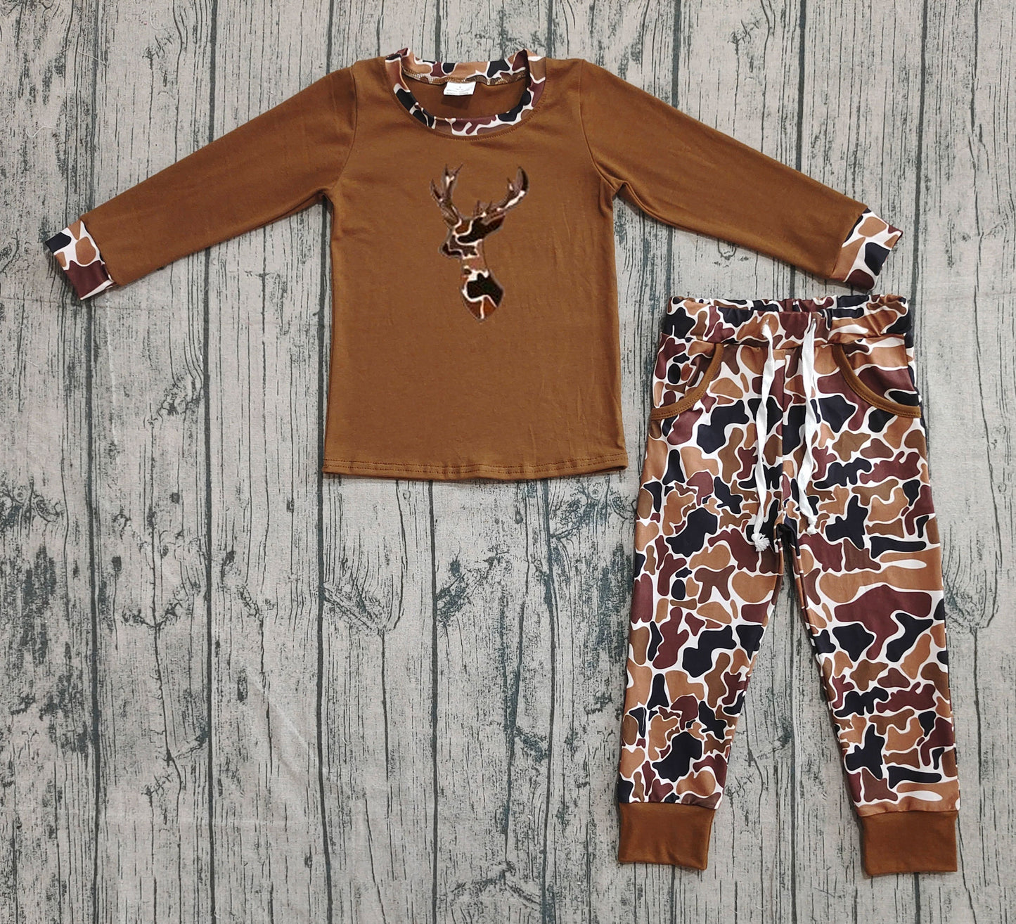 presale BLP1078 Baby Boys Brown Long Sleeves Camo Deer Top Pockets Legging Pant Set  D 901