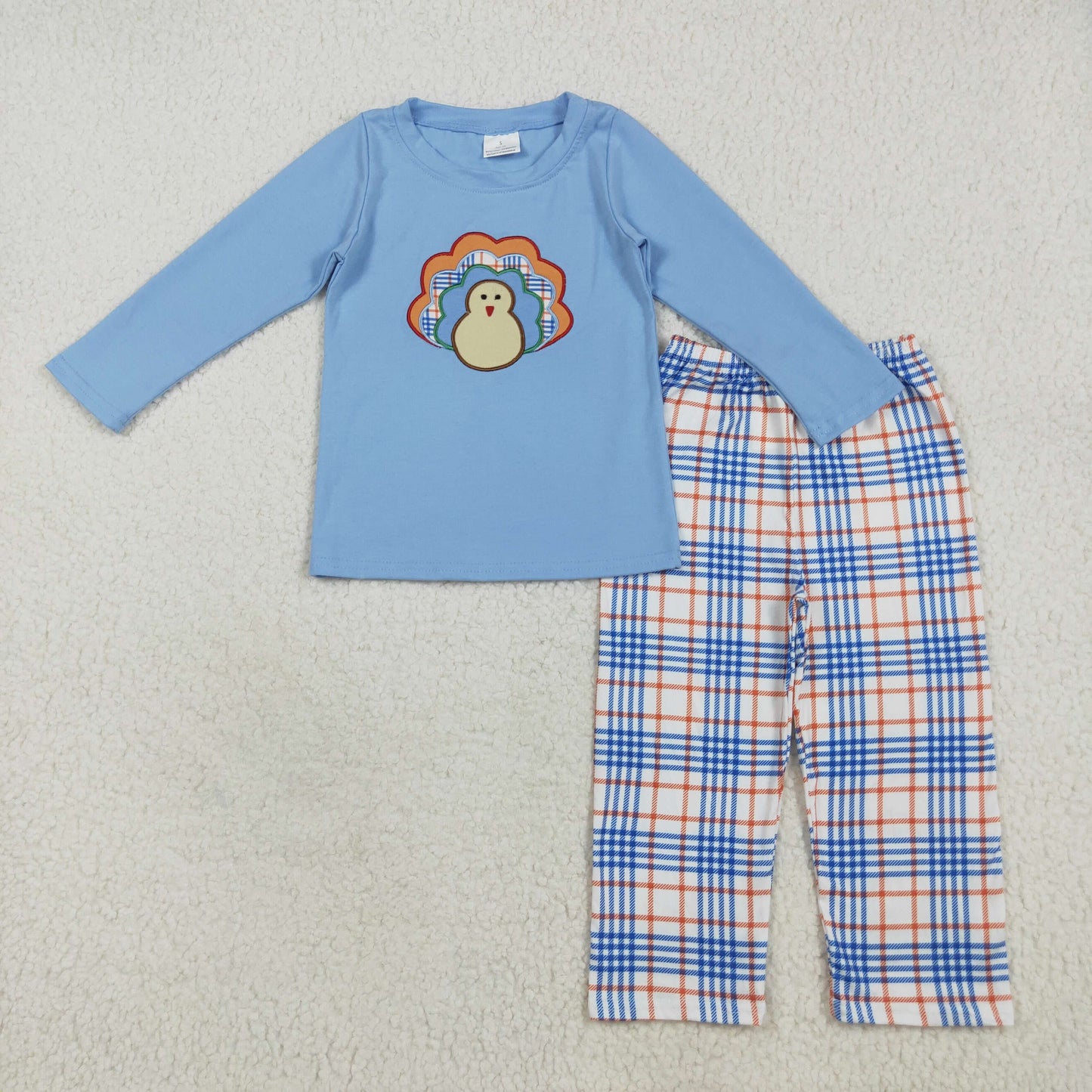 BLP1079 Baby Boys Blue Long Sleeves Turkey Top Plaid Flame Pant Set