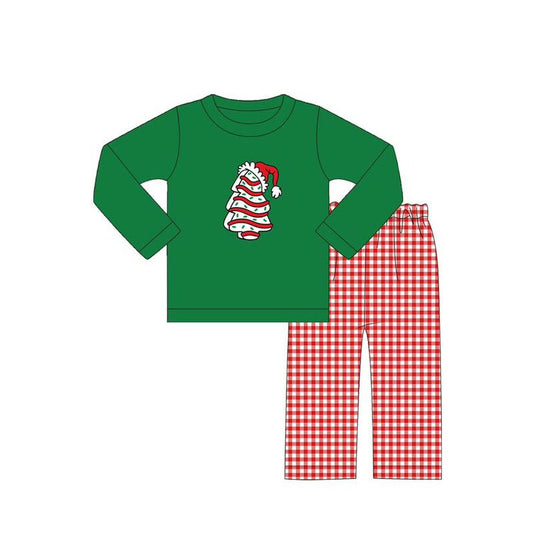 presale BLP1082 Baby Boys Green Long Sleeves Trees Hat Top Red Plaid Flame Pant Set   D 5.29