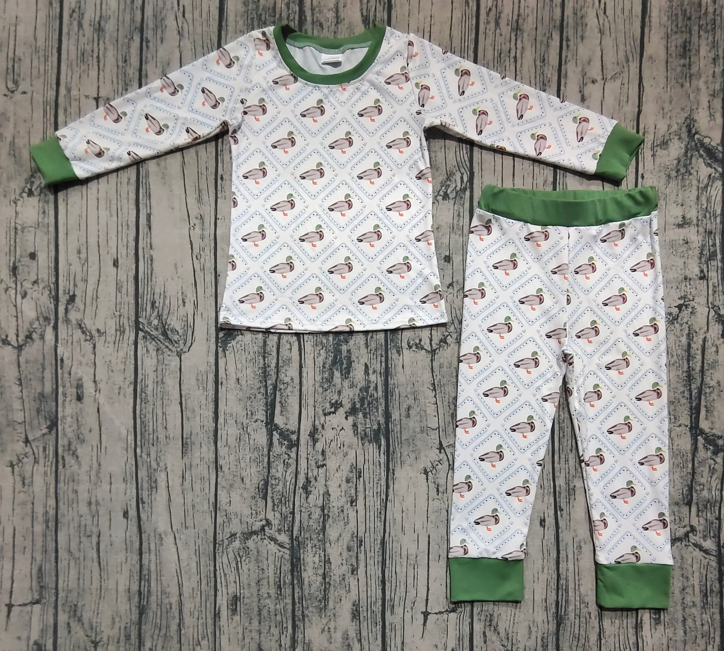 BLP1086 Baby Boys Long Sleeves Green Ducks Plaid Top Pant Pajamas Set  D 6.9