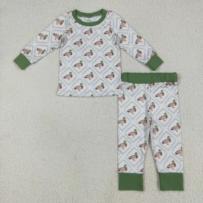 Sibling Boys Green Ducks Checked Pajamas Clothes Sets Zipper Rompers Blankets    D 926