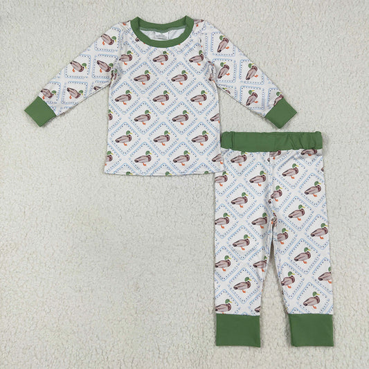 BLP1086 Baby Boys Long Sleeves Green Ducks Plaid Top Pant Pajamas Set  D 6.9