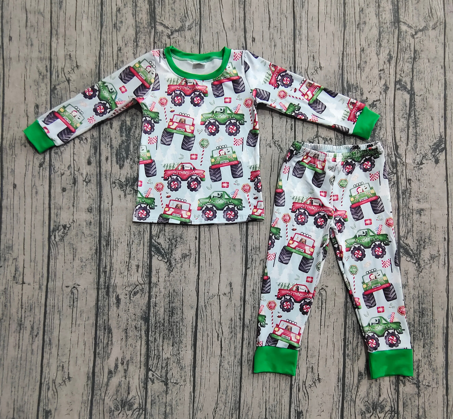 BLP1087 Baby Boys Long Sleeves Trucks Trees Flags Top Pant Pajamas Set  D 7.18