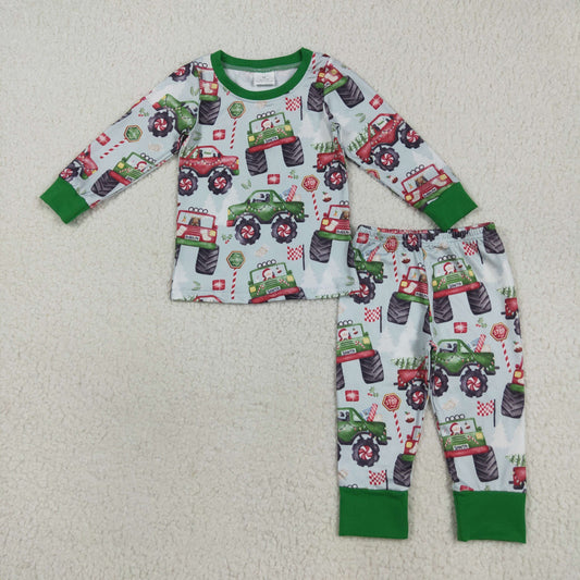 BLP1087 Baby Boys Long Sleeves Trucks Trees Flags Top Pant Pajamas Set D 7.18