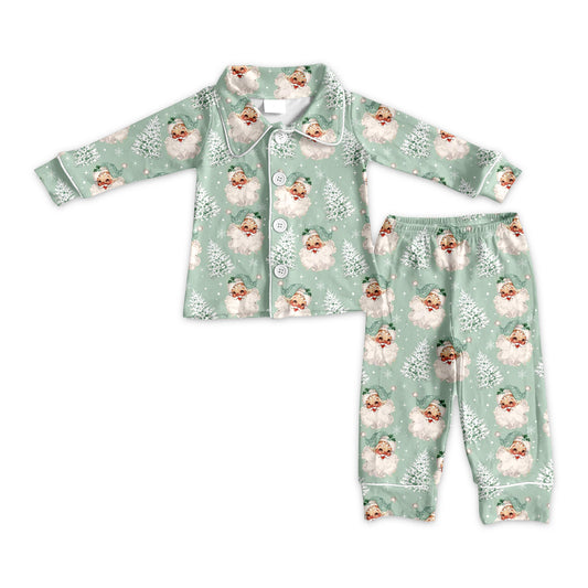 presale BLP1091 Baby Boys Green Long Sleeves Santa Trees Button Top Pant Pajamas Set D 6.3