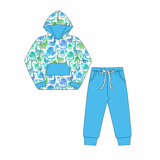 presale BLP1092 Baby Boys Blue Long Sleeves Dinosaurs Pocket Hoodies Top Pant Set  D 6.3