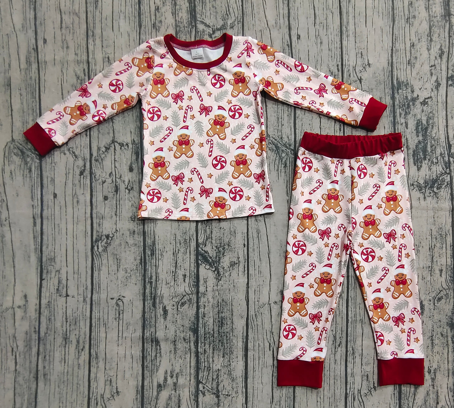 BLP1093 Baby Boys Red Long Sleeves Gingerbread Candy Cane Top Pant Pajamas Set  D 7.18