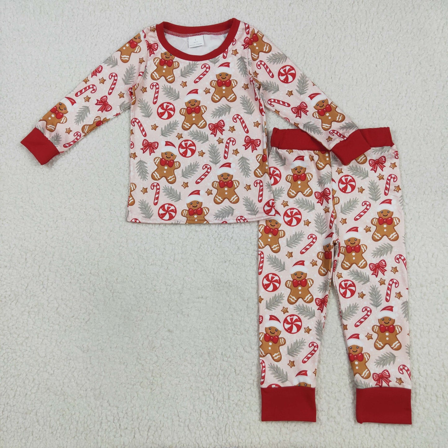 BLP1093 Baby Boys Red Long Sleeves Gingerbread Candy Cane Top Pant Pajamas Set