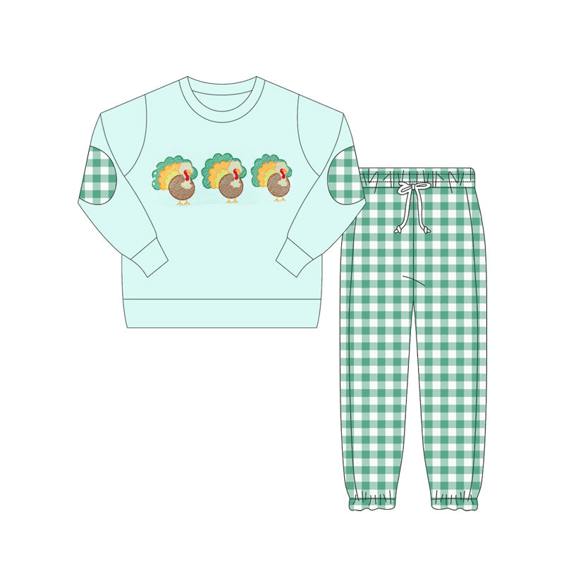 presale BLP1095 Baby Boys Green Long Sleeves Turkey Top Plaid Pant Set  D 6.4