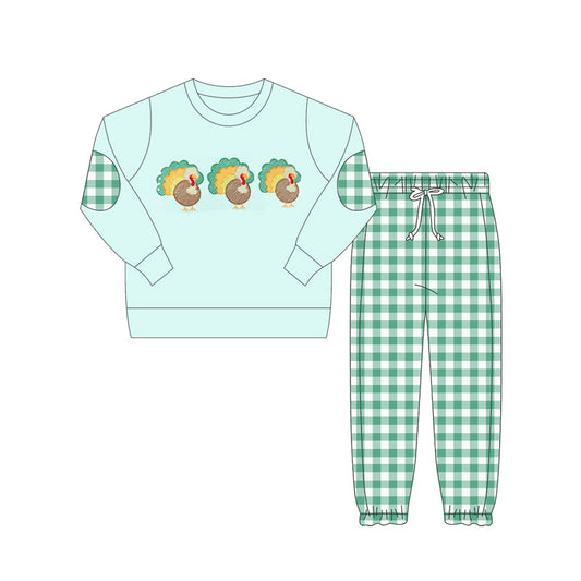 presale BLP1095 Baby Boys Green Long Sleeves Turkey Top Plaid Pant Set  D 6.4