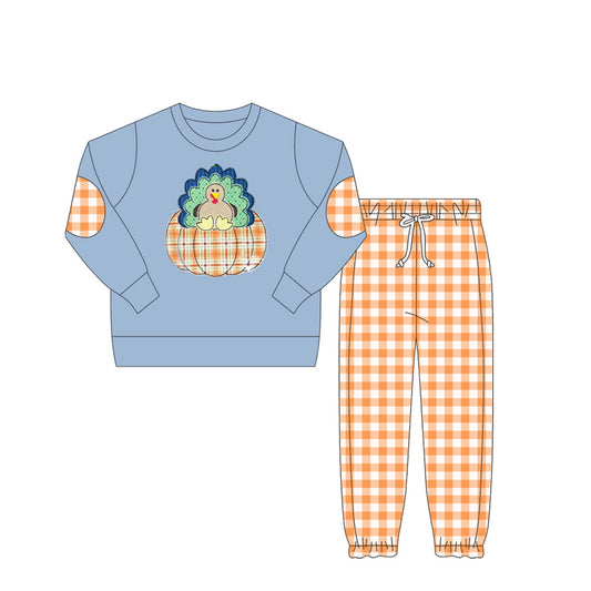 presale BLP1096  Baby Boys Blue Long Sleeves Turkey Pumpkin Top Orange Plaid Pant Set  D 6.4
