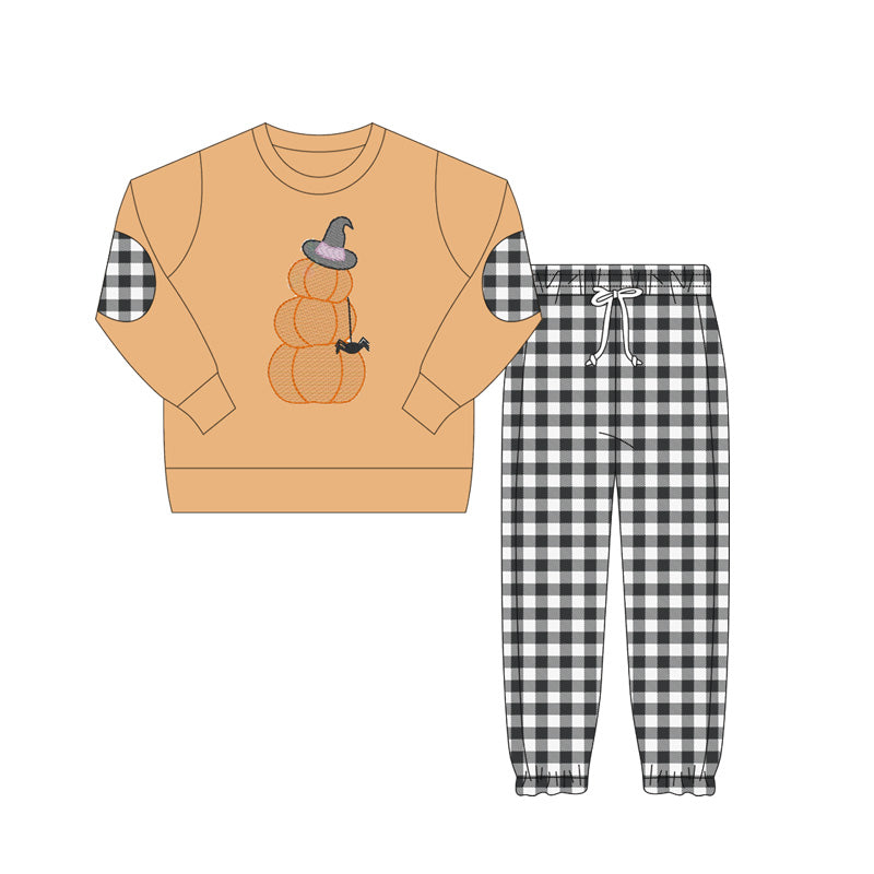 presale BLP1097 Baby Boys Orange Long Sleeves Pumpkins Hat Top Black Plaid Pant Set  D 6.4