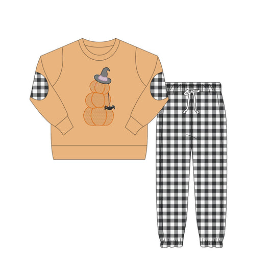 presale BLP1097 Baby Boys Orange Long Sleeves Pumpkins Hat Top Black Plaid Pant Set  D 6.4