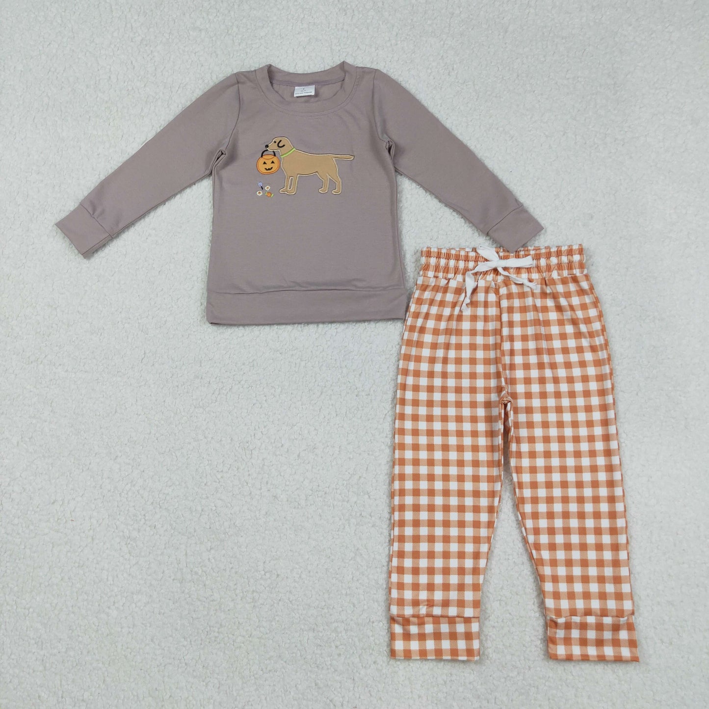 BLP1098 Baby Boys Lavender Long Sleeves Ghost Pumpkins Dog Top Orange Plaid Pant Set