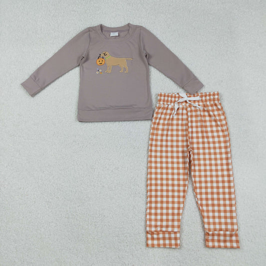 BLP1098 Baby Boys Lavender Long Sleeves Ghost Pumpkins Dog Top Orange Plaid Pant Set  D 904