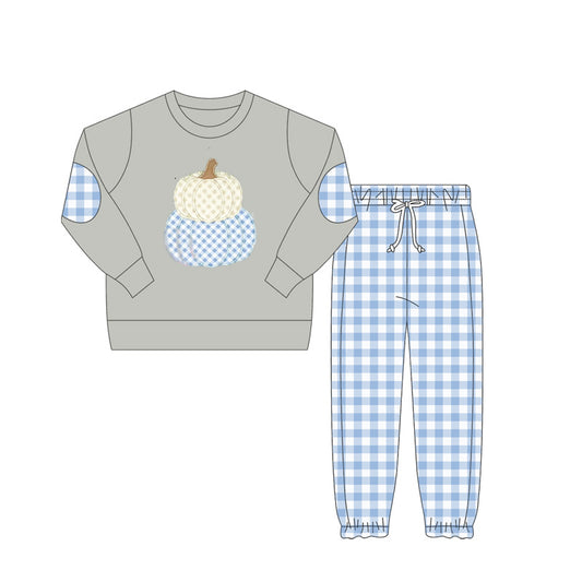 presale BLP1099 Baby Boys Gray Long Sleeves Pumpkins Top Blue Plaid Pant Set D 6.4