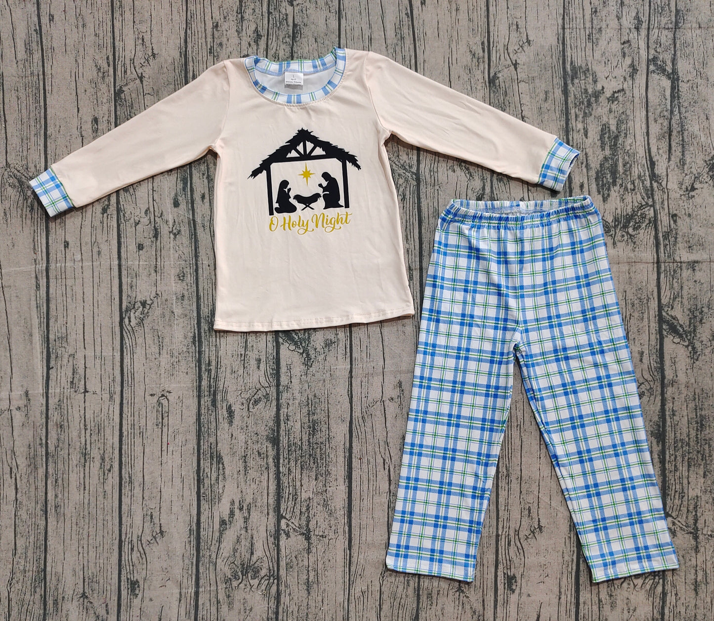 presale BLP1100 Baby Boys Long Sleeves Jesus Nativity Top Blue Plaid Pant Set D 923