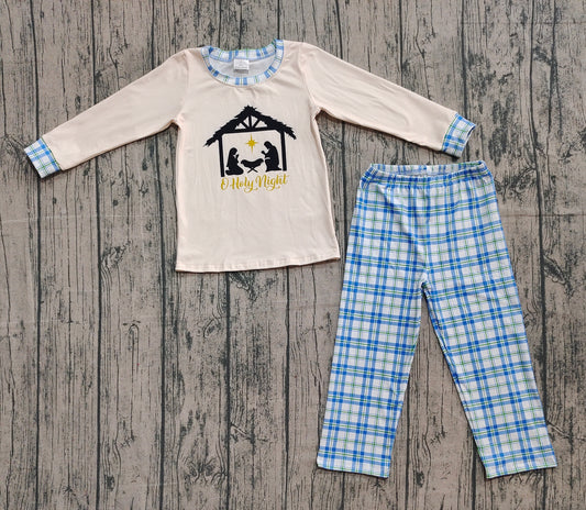 presale BLP1100 Baby Boys Long Sleeves Jesus Nativity Top Blue Plaid Pant Set D 923