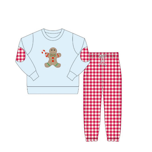 presale BLP1101  Baby Boys Blue Long Sleeves Gingerbread Top Red Plaid Pant Set  D 6.7