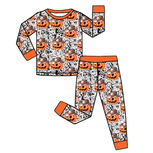presale BLP1102 Baby Boys Long Sleeves Cow Print Ghost Pumpkins Top Pant Pajamas Set D 6.10