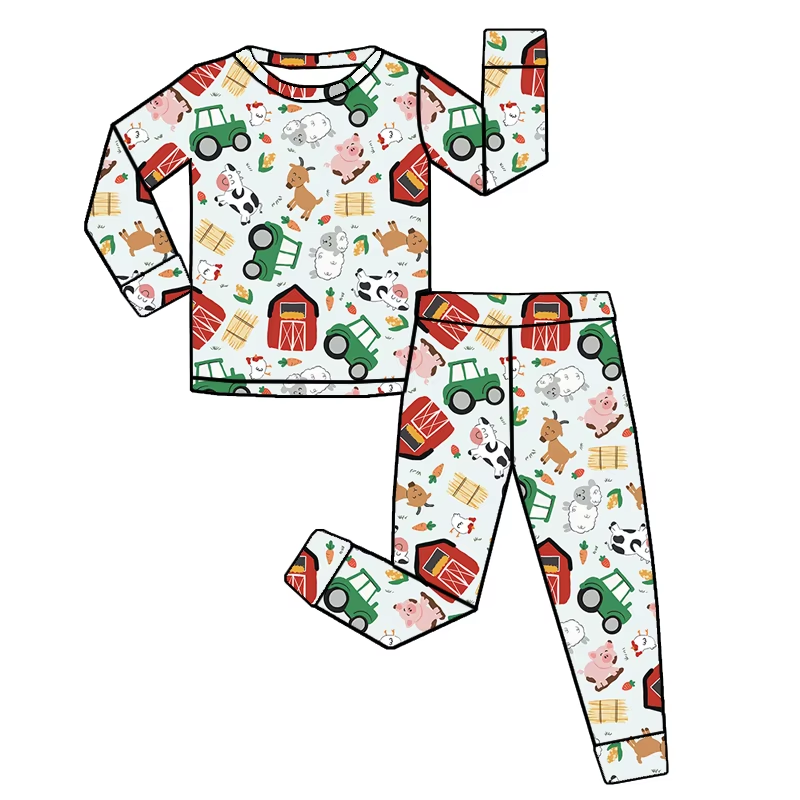 presale BLP1105 Baby Boys Long Sleeves Trucks Pigs Top Pant Farm Pajamas Set D 6.10