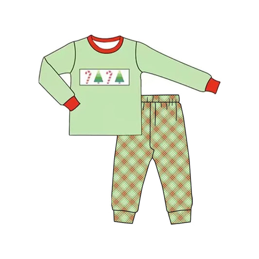 presale BLP1111 Baby Boys Green Long Sleeves Tree Candy Cane Top Pant Pajamas Set D 6.11