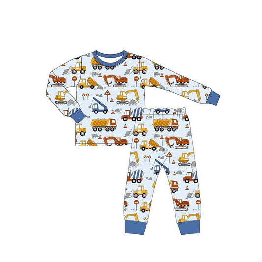presale BLP1114  Baby Boys Blue Long Sleeves Excavators Plaid Top Pant Pajamas Set  D 6.13
