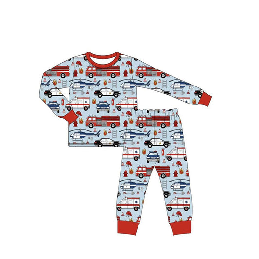 presale BLP1115  Baby Boys Blue Long Sleeves Recovery Vehicle Top Pant Pajamas Set D 6.13