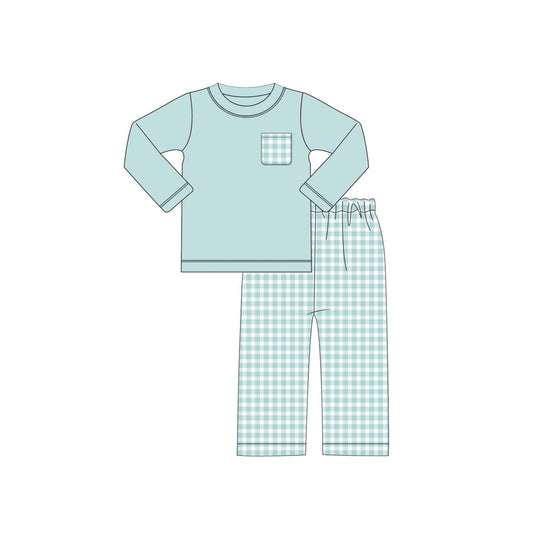 presale BLP1122  Baby Boys Light Blue Long Sleeves Pocket Top Plaid Pant Set  D 6.13