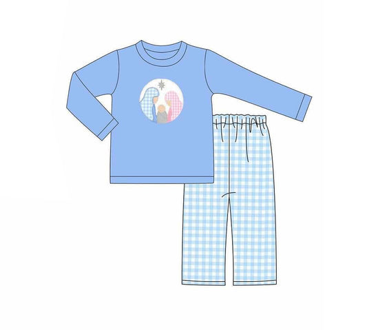 presale BLP1124 Baby Boys Blue Long Sleeves Nativity Top Plaid Pocket Pant Set  D 6.13