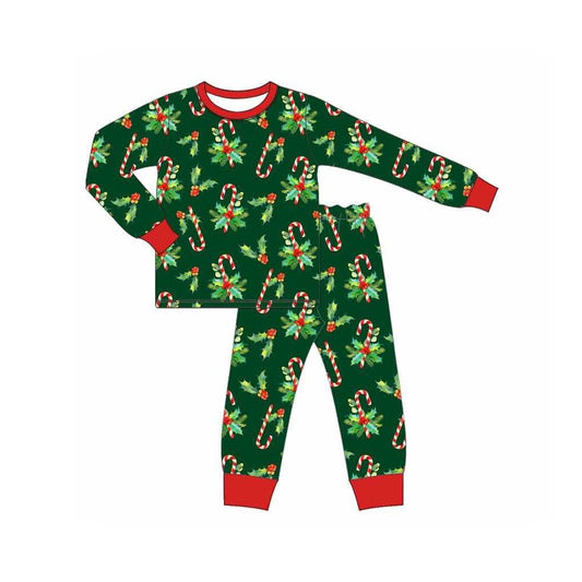 presale BLP1130 Baby Boys Dark Green Long Sleeves Holly Candy Cane Top Pant Pajamas Set D 6.14